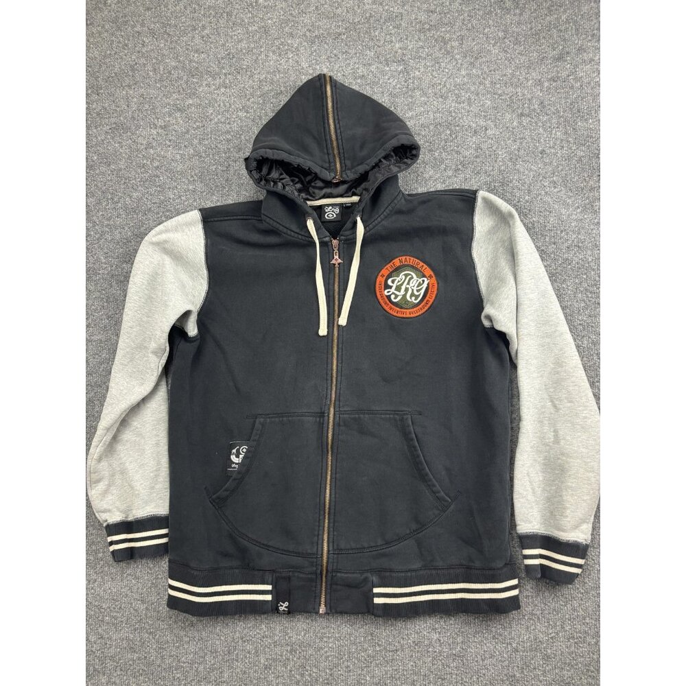 LRG Hoodie‎ Mens Large Black Gray Full Zip Fleece Sweatshirt Logo Patch